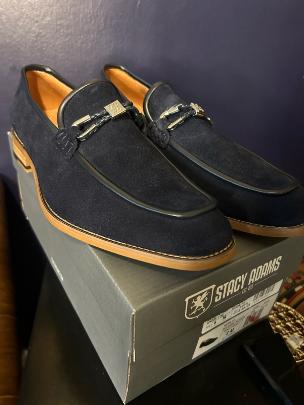 Stacy Adams Navy Suede Bit Loafers with Tan Sole